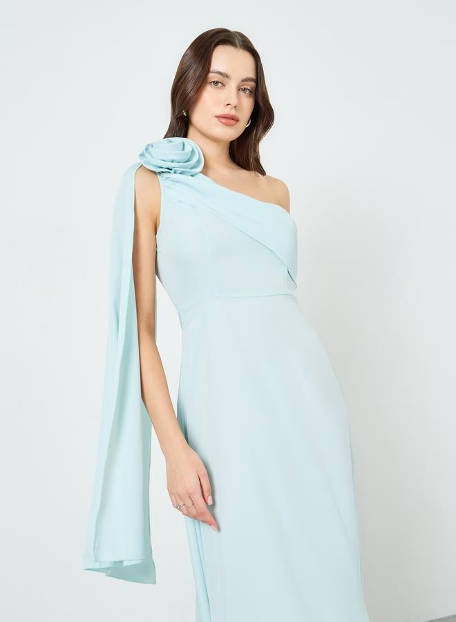 Take Two Women Turquoise One Shoulder Cape Sleeve Maxi Dress - Image 1